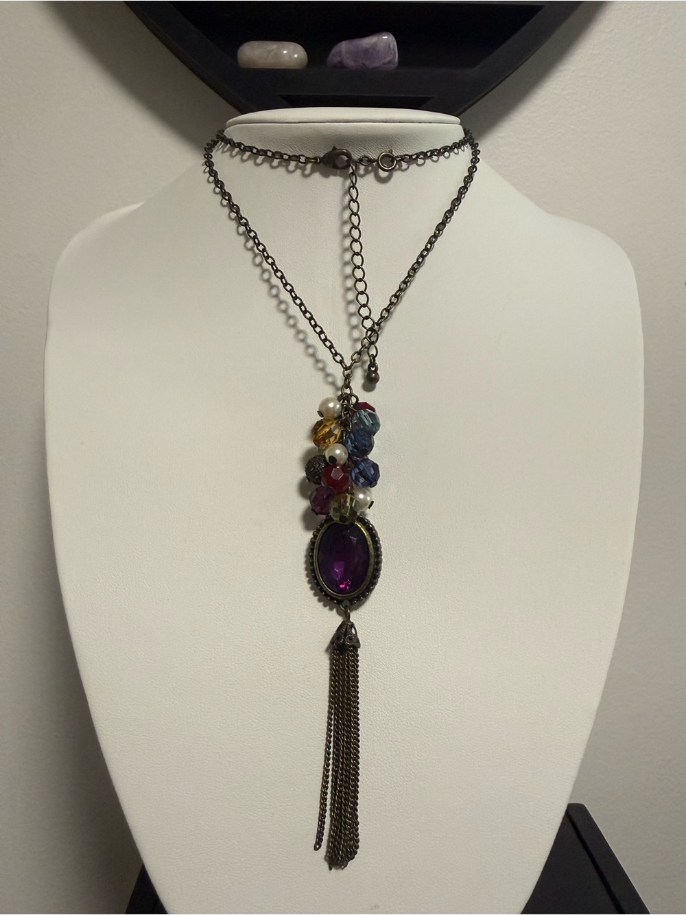Vintage Avon Gold Tone Tassel Necklace with Purple Gem and Multicoloured Beads